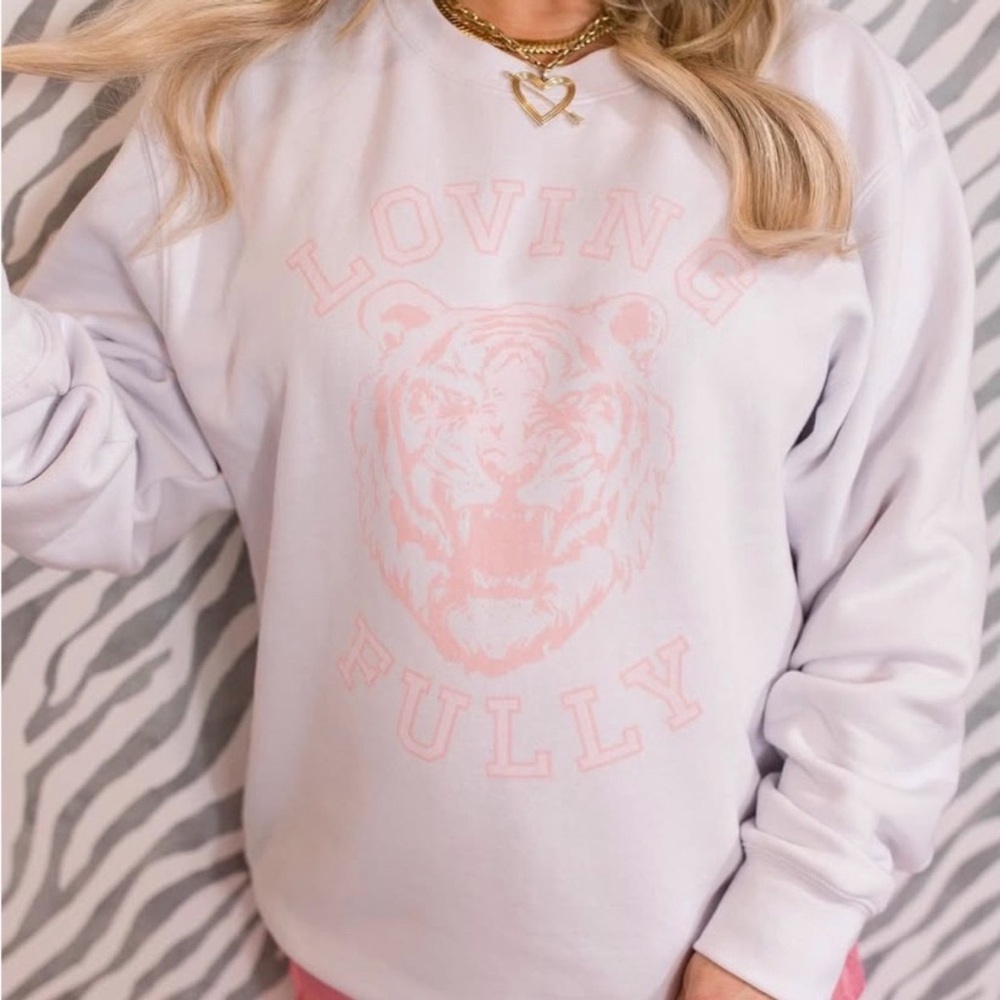 Living Fully by Mallory Ervin Loving Fully White pink Tiger Crew Neck Sweatshirt